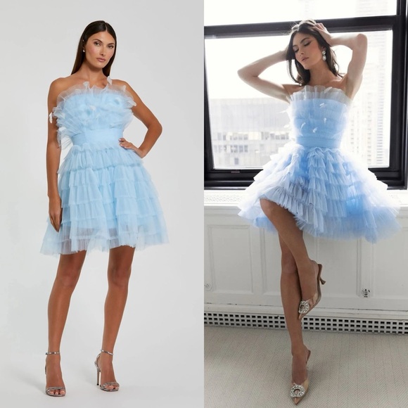 NWT Mac Duggal 20529 Blue Feathered Strapless Tulle Fit and Flare Dress Size 8 - Picture 1 of 9